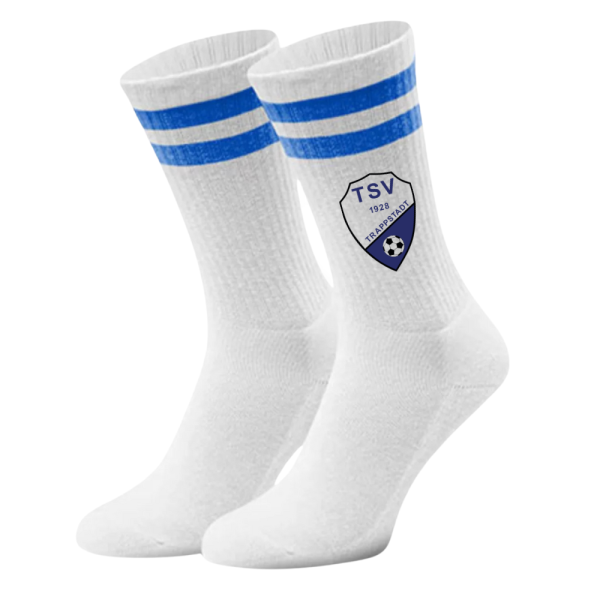 Socken Weiß mit blauen Streifen und Vereinslogo